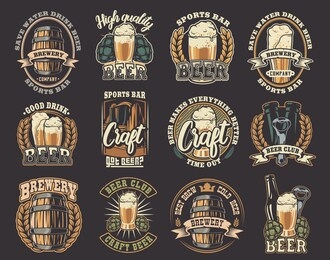 a large color set of vector illustrations on the beer theme. all elements of illustrations and text are in separate groups.