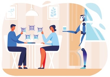 flat cartoon cyborg bringing water glass. man and woman select necessary artificial intelligence options. domestic personal robot for people assistance. ai in human life. vector illustration
