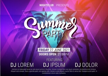 summer party disco poster with lettering, palm trees on beachside and laser beams in trendy neon colors. vector backround.
