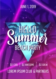 hello summer beach party disco poster with lettering, palm trees and laser beams in trendy neon colors. vector backround.