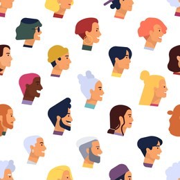 seamless pattern with heads of young and elderly stylish men and women with various hairstyles. backdrop with people's profiles of white background. flat cartoon vector illustration for textile print.