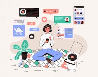 young woman sitting on floor at home, holding smartphone and chatting in messenger or social network. internet communication, online instant messaging or information exchange. illustration.