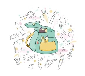 sketch illustration - stationery around schoolbag. doodle cute template about school. hand drawn cartoon vector education design.