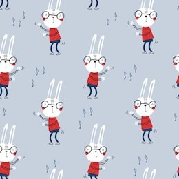 seamless childish pattern with funny dancing rabbits in the forest.  creative scandinavian kids texture for fabric vector illustration in red, blue and gray.