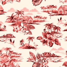 vintage hawaiian barkcloth design of tropical island scenes in a washed away ink effect. seamless repeat pattern.