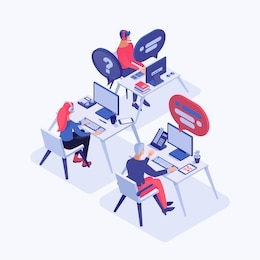 call center vector isometric illustration. customer service operators with headset consulting clients, 3d cartoon characters. all-day, around the clock tech support, office workers at workplace