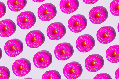 repeating seamless pattern of pink cream donuts in neon light.