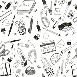 hand drawn, seamless pattern school stationery items. black on white background. plants succulents, pens, pencils, brushes, stapler. 