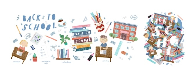 back to school! cute vector illustrations for a poster, banner or card with objects: background with text, school, desk with lessons, stationery, books, textbooks, pen, ruler,