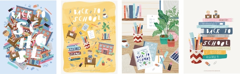 back to school! cute vector illustrations for a poster, banner or card with objects: background with text, school, desk with lessons, stationery, books, textbooks, pen, ruler, marker, eraser
