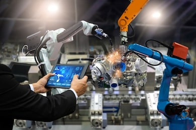 manager engineer touch screen control automation robot arms the production of factory parts engine manufacturing industry robots and mechanical arm