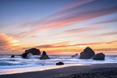 seascape of sonama coast at sunset, long exposure, california