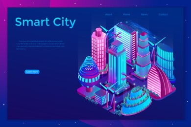 futuristic night city is illuminated by neon lights in isometric style. the concept of smart city with skyscrapers, windmills, drones. landing page template. vector illustration.