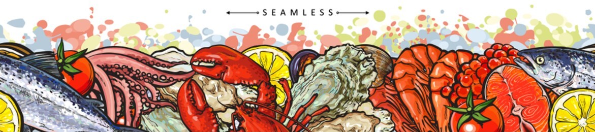sketch seafood seamless pattern with trout, red caviar mussels oyster lobster and squid with lemon slice. hand drawn seafood delicacy, restaurant and marine cuisine cafe menu, package design.
