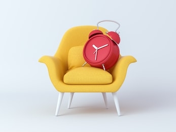 yellow chair and red alarm clock on isolated white background. summer time, cheerful mood, joy, smiling, happiness. 3d render