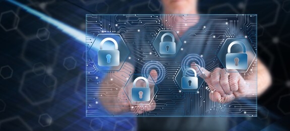 man touching a data security concept on a touch screen with his fingers