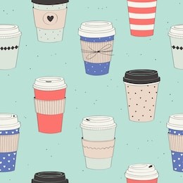 coffee cup pattern. vector seamless pattern with various disposable cups of coffee to go. hand drawn doodle background.