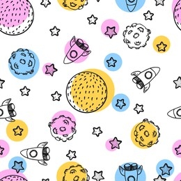 vector hand draw seamless pattern with line art of childish cosmos elements planets, moon, rockets and stars and abstract colorful spots. background with asteroids and spaceship in cartoon style