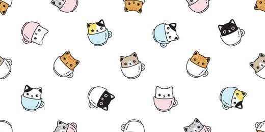 cat seamless pattern vector kitten coffee cup calico breed scarf isolated cartoon repeat background tile wallpaper illustration pastel design