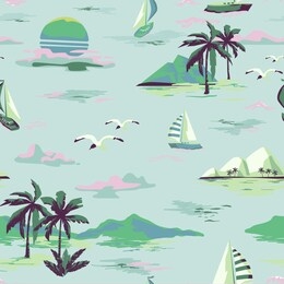 vintage beautiful seamless island pattern on white background. landscape with palm trees, yacht, beach and ocean vector hand drawn style