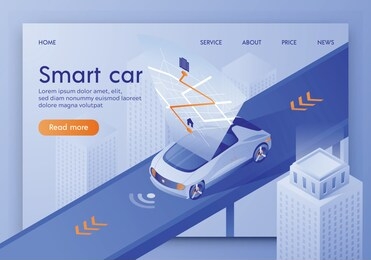 smart car banner, futuristic autonomous vehicle, driverless auto assistant. sensor system driver navigation, car rout projection on interactive map, gps application. isometric 3d vector illustration