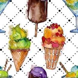 tasty ice cream in a watercolor style. aquarelle sweet dessert illustration set. watercolour drawing fashion. seamless background pattern. fabric wallpaper print texture.
