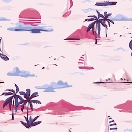 vintage beautiful seamless island pattern on white background. landscape with palm trees, yacht, beach and ocean vector hand drawn style