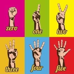 numbers and hands over variety of colors vector illustration