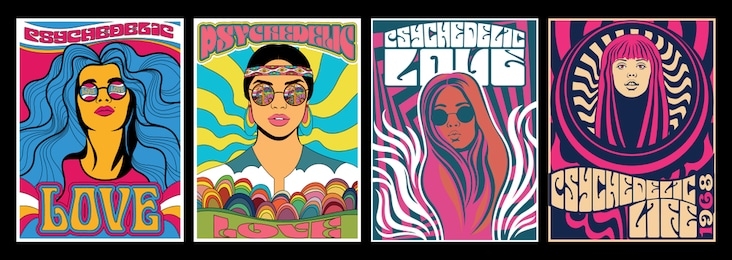 vintage hippie woman posters, psychedelic art, retro colors