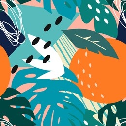 colorful contemporary abstract floral collage with various of plants and geometric shapes seamless pattern. vector design.