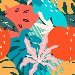 colorful contemporary abstract floral collage with various of plants and geometric shapes seamless pattern. vector design.