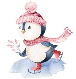 watercolor merry christmas character penguin illustration. winter cartoon isolated cute funny animal design card. snow holiday xmas penguins.