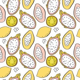 summer fresh juicy hand-drawn seamless pattern with fruits. summer vector print with fruits papaya, passion fruit, kiwi, lemon, dragon fruit. can be used for design of t-shirts, textiles and fabrics.
