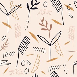 seamless childish aesthetic pattern with hand drawn abstract leaves and shapes. creative scandinavian kids fabric, wrapping texture, textile, wallpaper, home apparel. vector eps illustration.