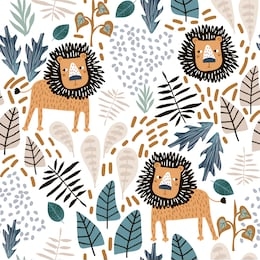 seamless jungle pattern with lions and tropical elements. creative kids for fabric, wrapping, textile, wallpaper, apparel. vector illustration