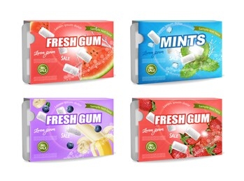 gums vector realistic set collection. product placement detailed label design. packaging advertise. fruit and mint flavor. 3d illustration