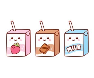 cute cartoon milk box characters: strawberry, chocolate and regular milk. kawaii milk cartons with drinking straw and smiling face. isolated vector clip art illustration set.