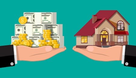 hand scales with private house and money. buying a home. real estate. suburban wooden house, dollar stacks and gold coins. vector illustration in flat style