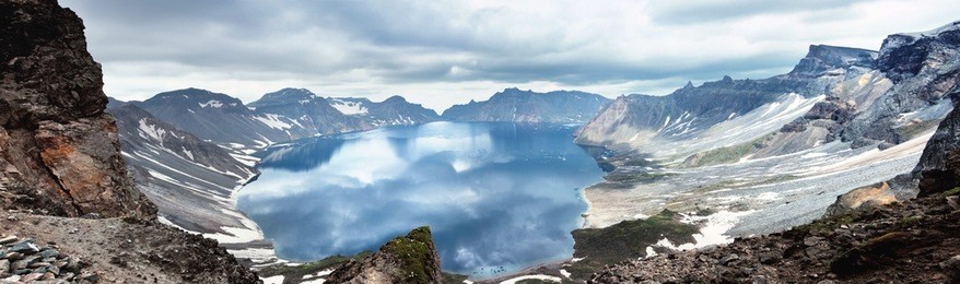 volcanic rocky mountains and lake tianchi, wild landscape, national park changbaishan, china