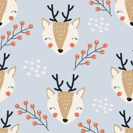 seamless pattern with deer and berries. vector illustration, design of wild animals, reptiles, for printing on fabric, clothing, packaging paper, bedding, printing, postcards. cute baby background.