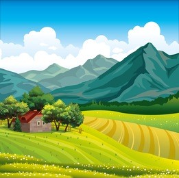 summer landscape with green field, wooden house in a forest and mountains on a blue sky