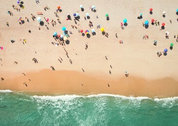beautiful drone photography of brazilian most famous beach in a crowded typical sunny holiday  