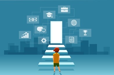 vector of a child, a boy looking at the stairs leading to the door of modern digital world. concept of self realization, education and career success