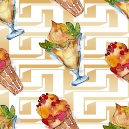 tasty ice cream in a watercolor style. aquarelle sweet dessert illustration set. watercolour drawing fashion. seamless background pattern. fabric wallpaper print texture.