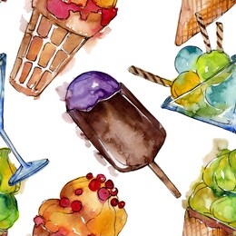 tasty ice cream in a watercolor style. aquarelle sweet dessert illustration set. watercolour drawing fashion. seamless background pattern. fabric wallpaper print texture.