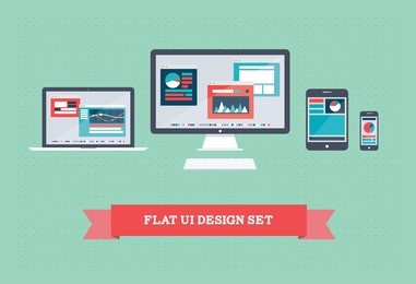 vector illustration of user interface on digital tablet and on mobile devices with flat simplistic inforgraphic charts and web design on a screen. isolated on green background.