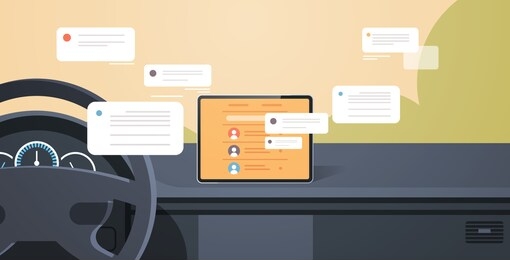 vehicle cockpit with smart driving assistance social network communication chatting messaging concept chat app on automobile computer board screen modern car interior flat horizontal