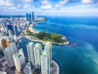 aerial view of marine city and haeundae beach, busan, south korea, asia.