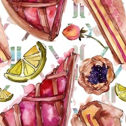 tasty cake and bun sweet dessert. watercolor background illustration set. watercolour drawing fashion aquarelle isolated. seamless background pattern. fabric wallpaper print texture.