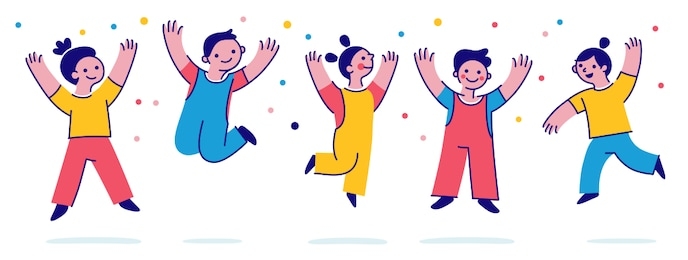 vector illustration with simple flat characters - happy smiling kids playing together and jumping - children party invitation or greeting card design template 